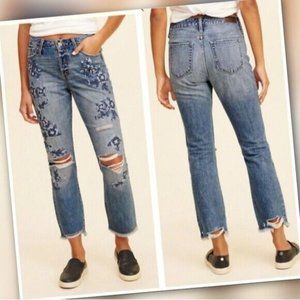 Hollister Women Vintage 1980s Jeans Straight Leg Distressed Embroidered Blue 0R